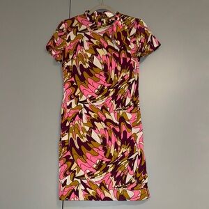 Vintage Psychedelic Patterned Dress with Bow at Neck